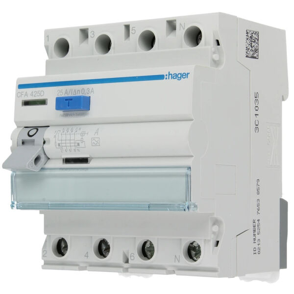 Hager 4-poliger FI-Schutzschalter 25A/300 mA CFA425D
