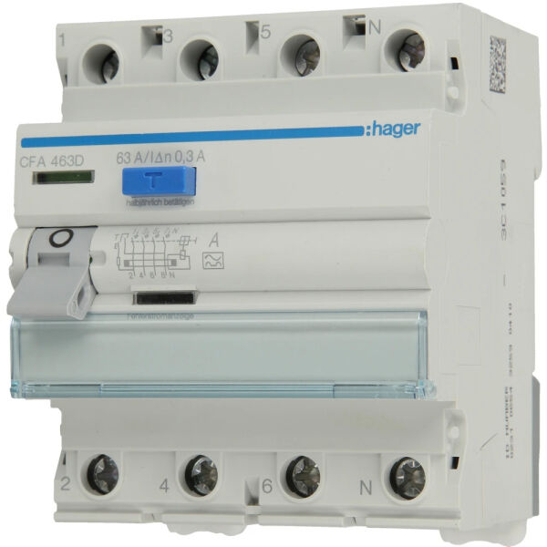 Hager 4-poliger FI-Schutzschalter 63A/300 mA CFA463D