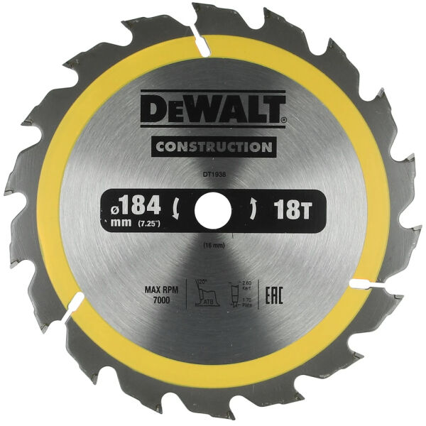 DeWalt CONSTRUCTION Kreissägeblatt Ø 184 x 16 mm mit 18 Zähnen