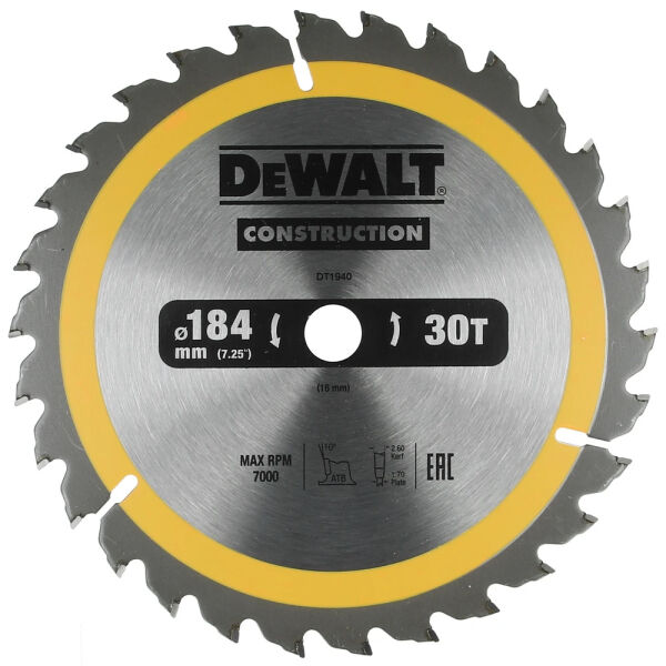 DeWalt CONSTRUCTION Kreissägeblatt Ø 184 x 16 mm mit 30 Zähnen