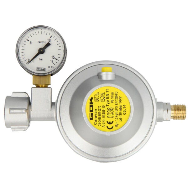 GOK Caravanregler mit Manometer EN71 KLF x G 1/4 LH-KN
