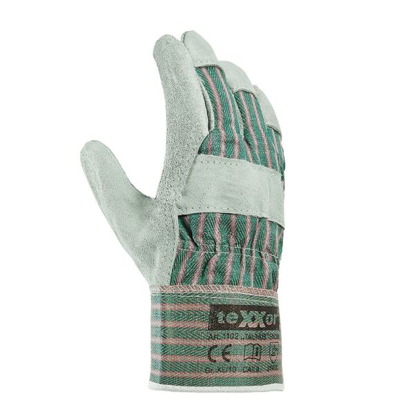 teXXor® Rindkernspaltleder-Handschuhe TAUNUS, Leder natur, Drell grün/rot, Gr. 10–11