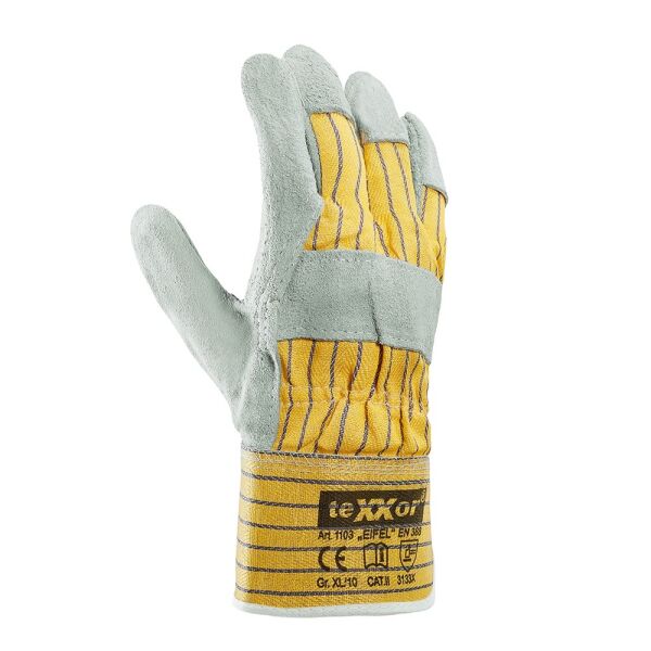 teXXor® Rindkernspaltleder-Handschuhe EIFEL, Leder natur, Drell gelb/blau, Gr. 9–10