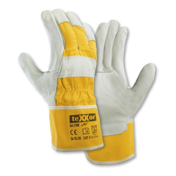 teXXor® TOP Rindvollleder-Handschuhe K2, Leder natur/Drell gelb, Gr. 8–12