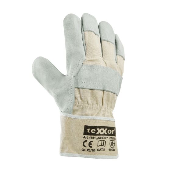 teXXor® Rindkernspaltleder-Handschuhe RHÖN, Leder natur/Drell weiß, Gr. 10–12