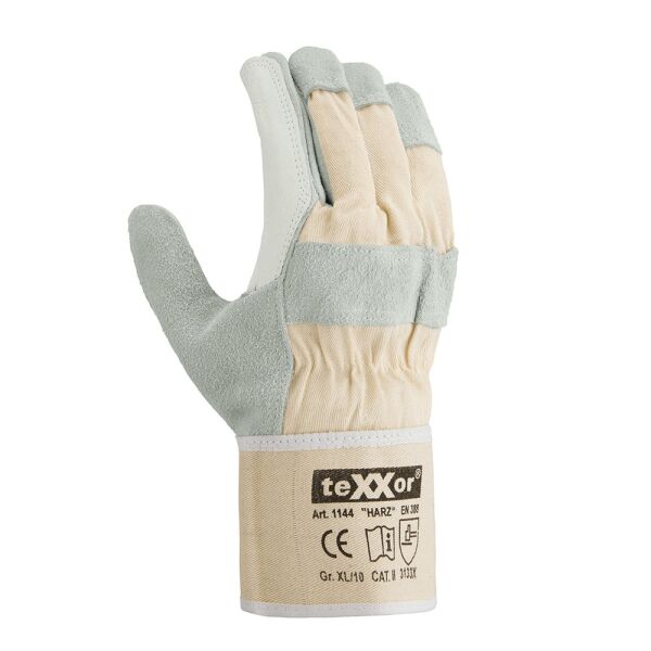 teXXor® Rindspaltleder-Handschuhe HARZ, Leder gelb, Drell weiß, Gr. 10