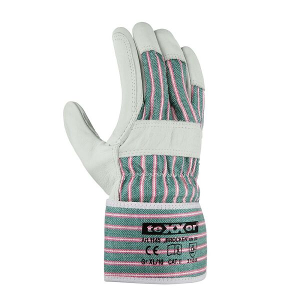 teXXor® Rindvollleder-Handschuhe BROCKEN, Leder natur, Drell grün/rot, Gr. 10