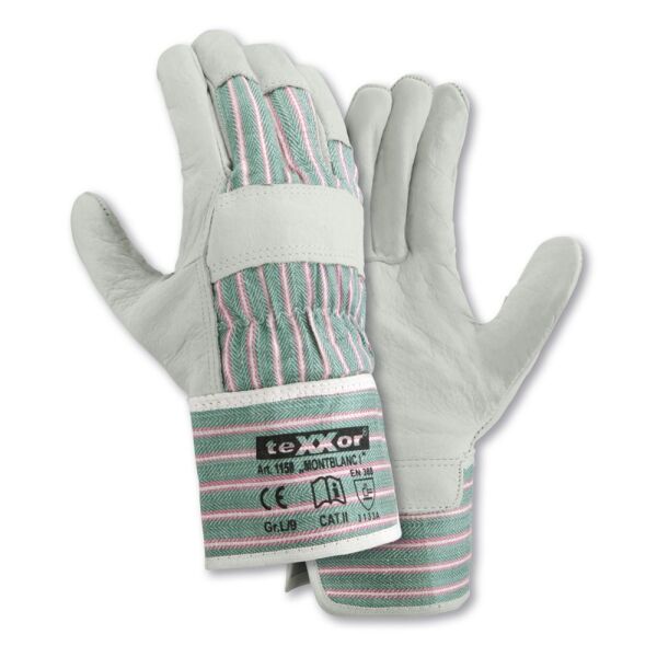 teXXor® Rindvollleder-Handschuhe MONTBLANC I, Leder natur, Drell grün/rot-gestreift, Gr. 8–12