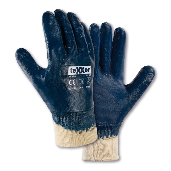 teXXor® Nitril-Handschuhe STRICKBUND vollbeschichtet, beige/blau, Gr. 7–11