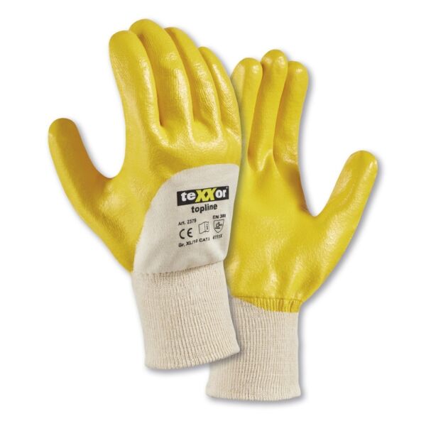 teXXor® Nitril-Handschuhe STRICKBUND ¾-beschichtet, silikonfrei, gelb, Gr. 7–10