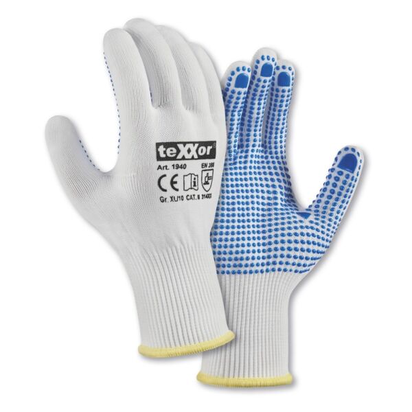 teXXor® Feinstrick-Handschuhe NYLON, weiß/blaue Noppen, Gr. 6–11