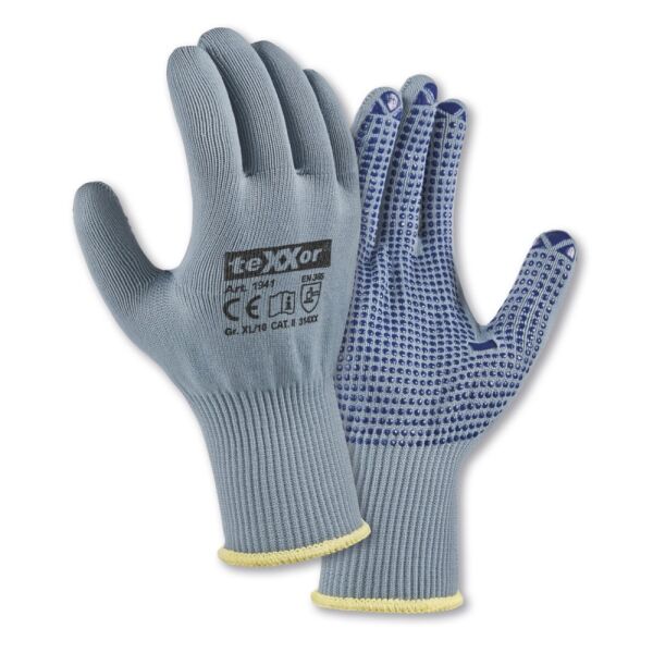 teXXor® Feinstrick-Handschuhe NYLON, grau/blaue Noppen, Gr. 7–11
