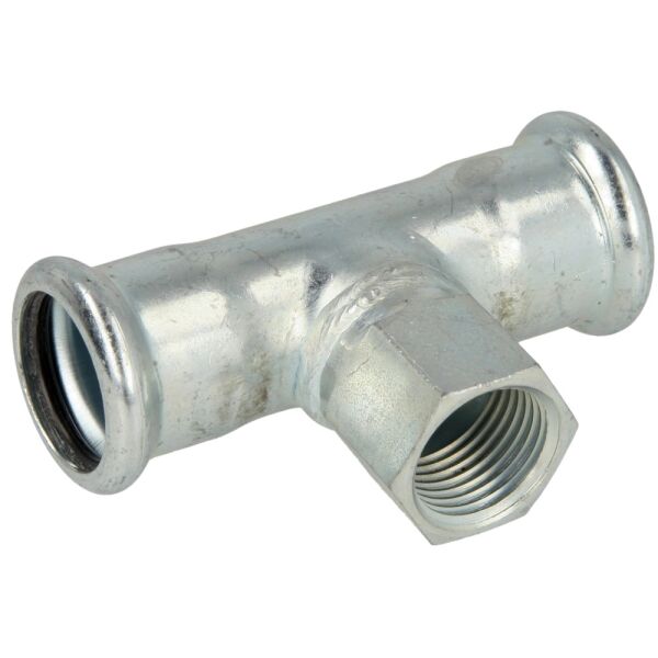 C-Stahl Pressfitting T-Stück mit Innengewinde I/IG/I Kontur M, 15 mm x 1/2" IG x 15 mm bis 54 mm x 3/4" IG x 54 mm