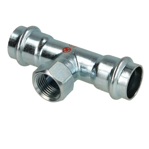 C-Stahl Pressfitting T-Stück mit Innengewinde I/IG/I Kontur V, 15 mm x 1/2" IG x 15 mm bis 54 mm x 2" IG x 54 mm