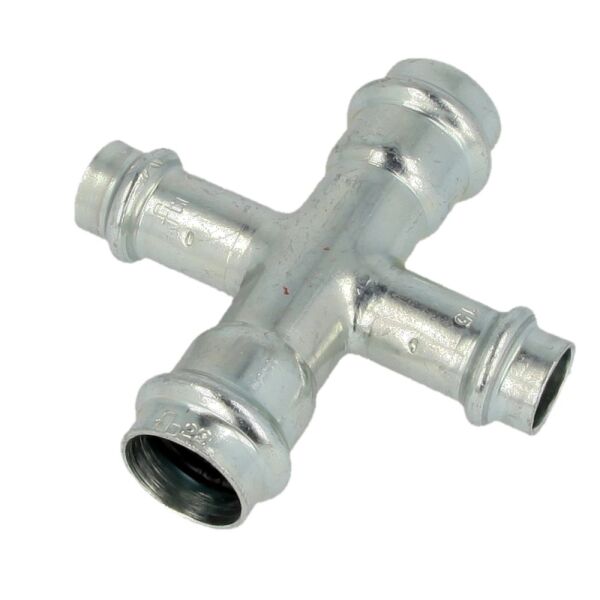 C-Stahl Pressfitting Kreuzstück I/I/I/I Kontur V, 18 mm x 15 mm x 18 mm x 15 mm bis 54 mm x 22 mm x 54 mm x 22 mm